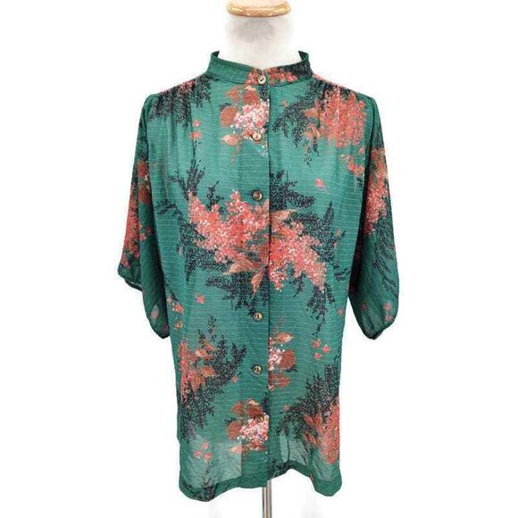 Vintage El Mar California green sheer floral button up top in size large - Picture 1 of 4